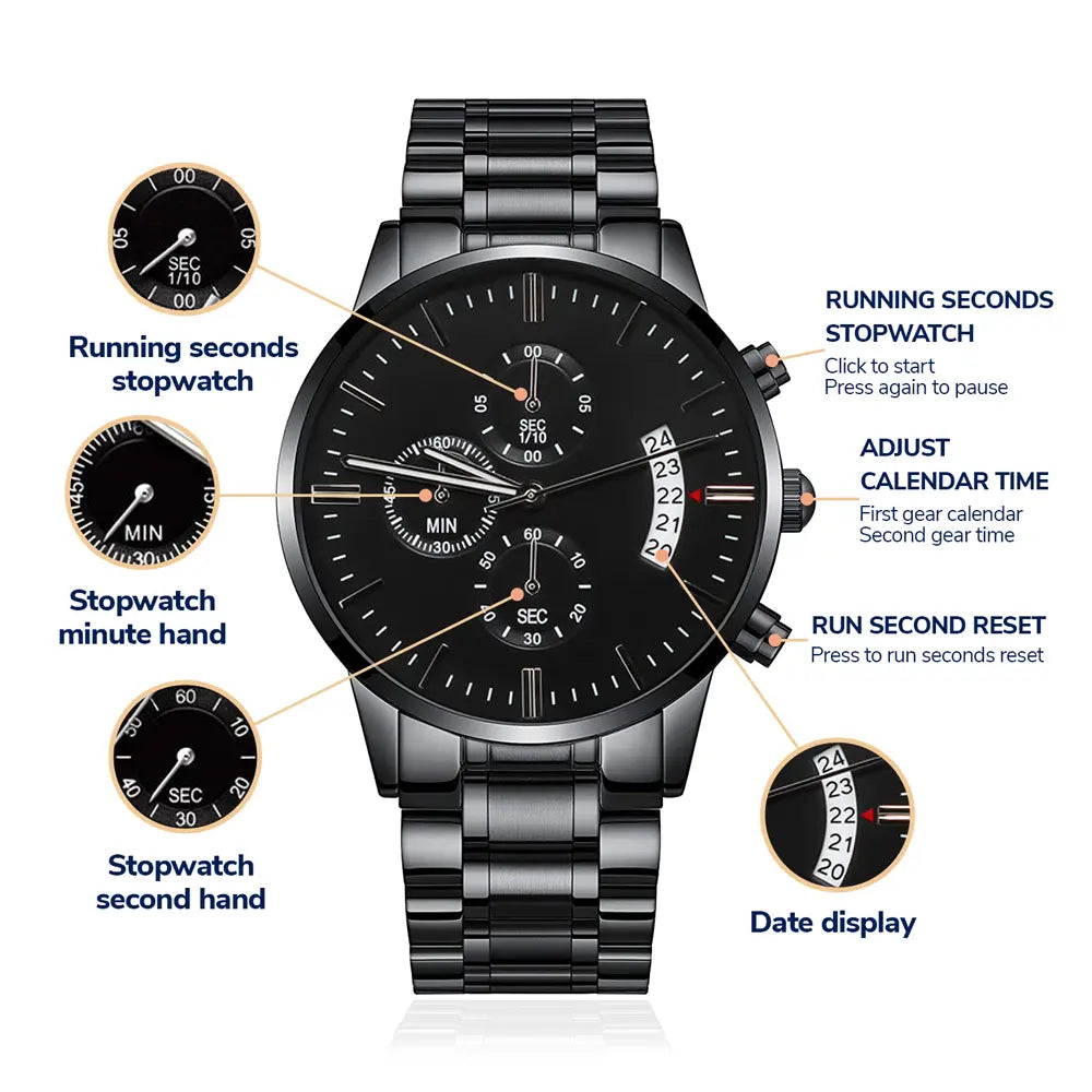 Personalized Engraved Black Chronograph Watch Custom Men's Gift for Son Anniversary Birthday Keepsake prime Collection Hub