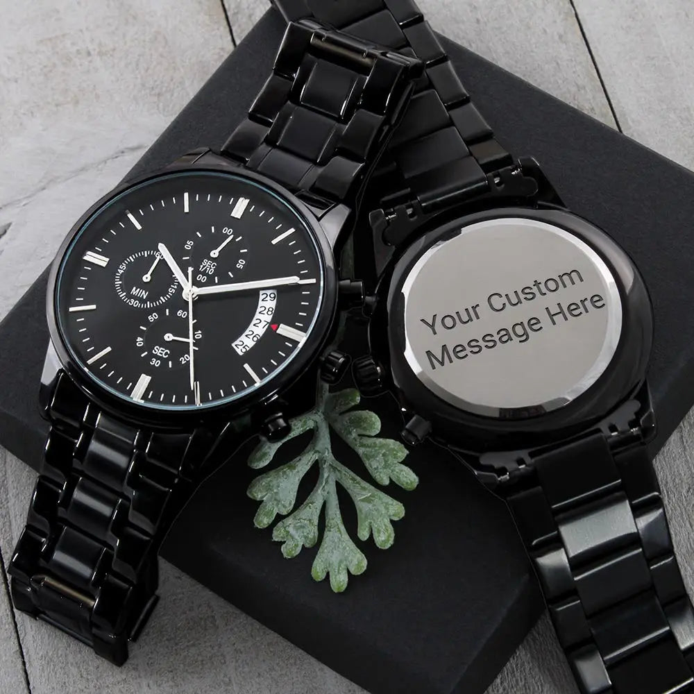 Personalized Engraved Black Chronograph Watch Custom Men's Gift for Son Anniversary Birthday Keepsake prime Collection Hub