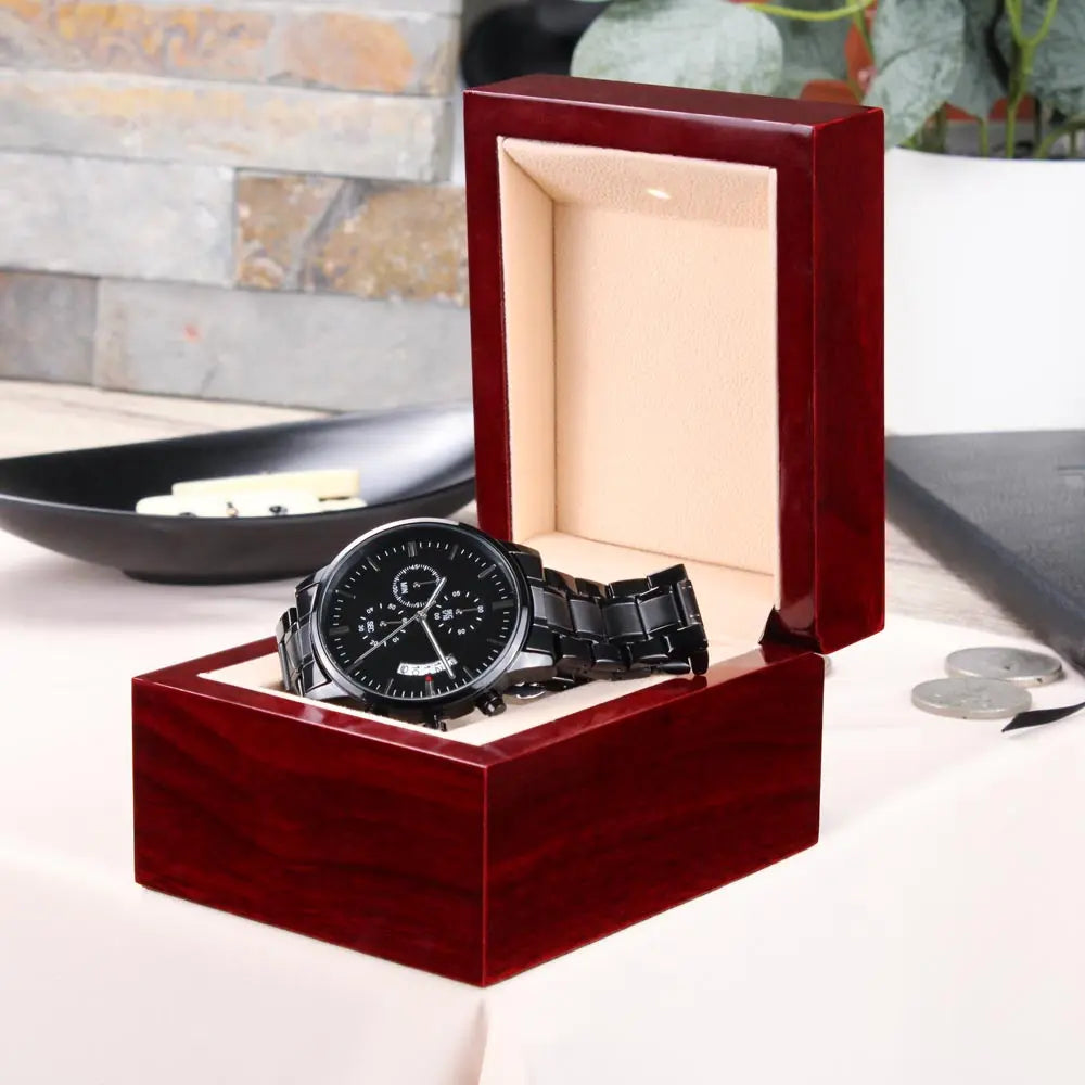 Personalized Engraved Black Chronograph Watch Custom Men's Gift for Son Anniversary Birthday Keepsake prime Collection Hub