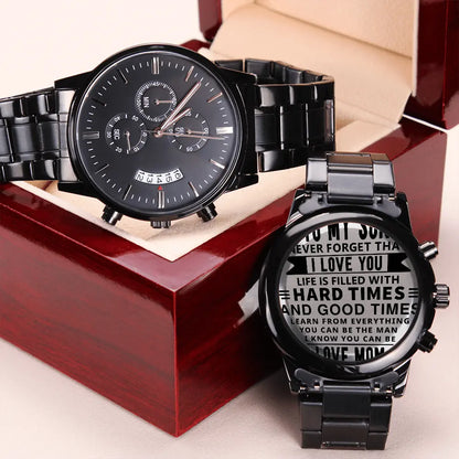 Personalized Engraved Black Chronograph Watch Custom Men's Gift for Son Anniversary Birthday Keepsake prime Collection Hub